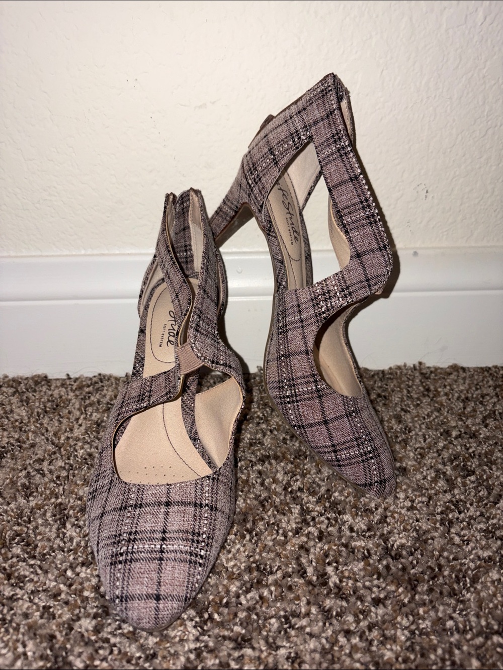 Life Stride Plaid Taupe Mary Jane Heels with T-Strap